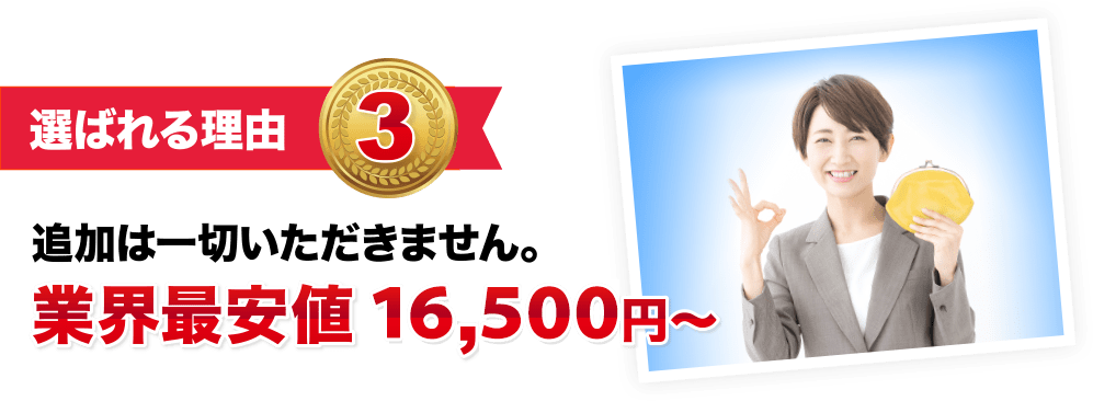 追加は一切いただきません。業界最安値16,500円～